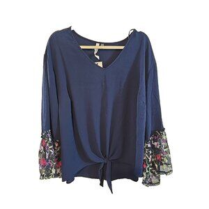 NY Collection embroidered bell sleeves front waist tie semi sheer‎ size 2X New